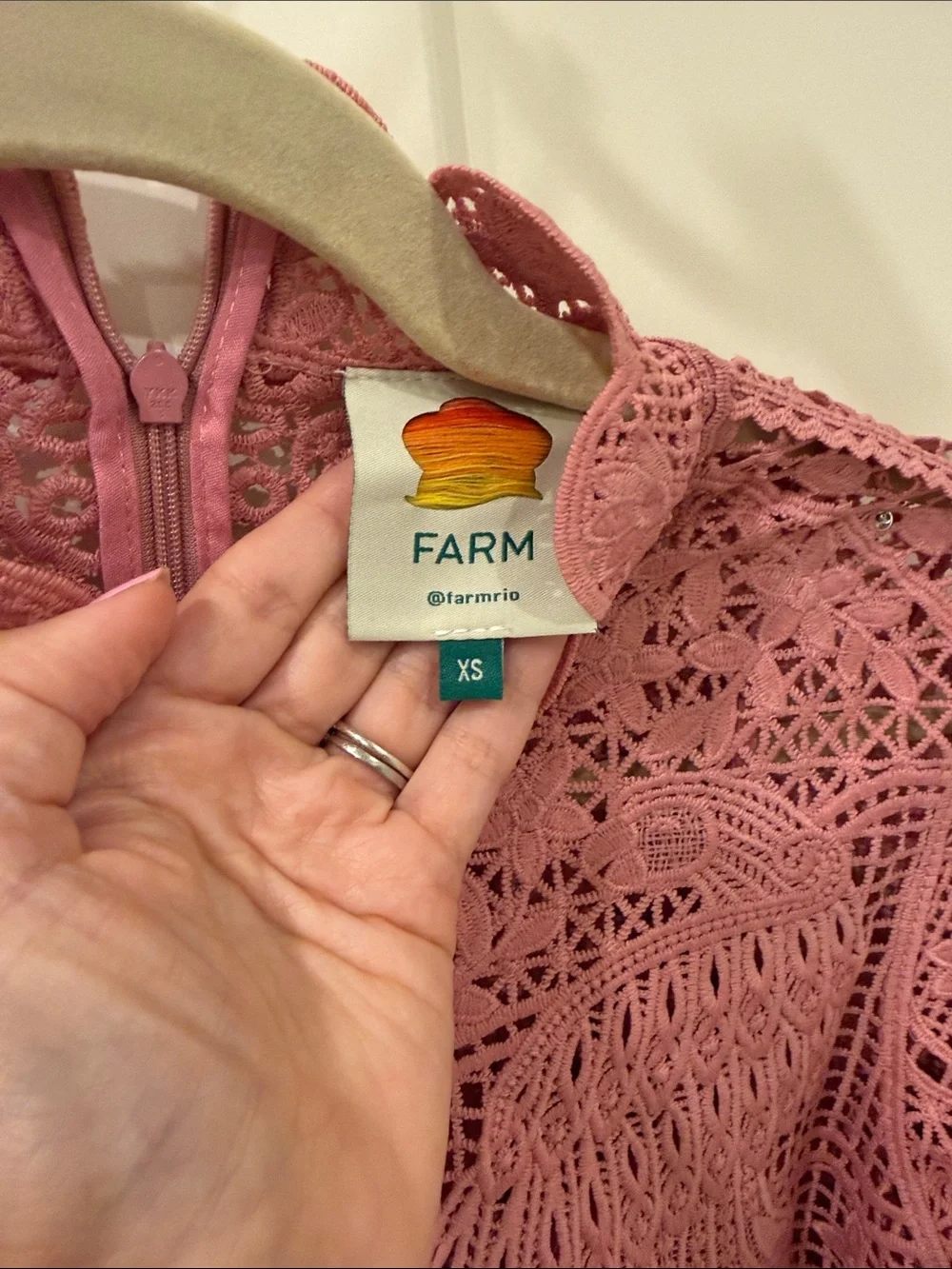 FARM Rio Dusty Rose Crochet Lace High-Neck Long Sleeve Top